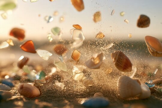 Beach debris and sea glass suspended in the air with sparkly sand