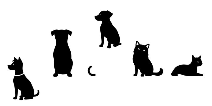 Four stylized silhouettes of dogs and cats in a square composition, each facing different directions. The image features a minimalist black and white color palette with a clean, vector illustration...
