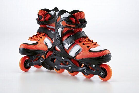 Pair of orange and black inline skates with white accents