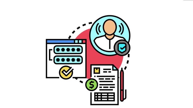 Multi factor authentication concept detailing a secure user verification process, involving password login, digital identity confirmation, and financial data protection with a checking sign