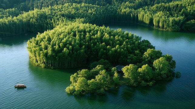 Aerial view of lush green island with bamboo forest and traditional boat on calm water