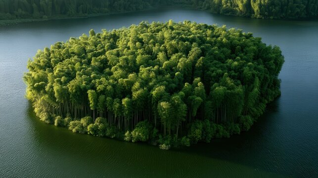 Island covered in lush green bamboo forest surrounded by calm blue water