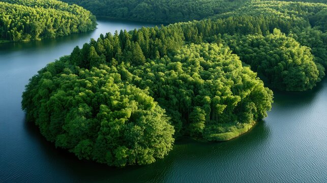 Lush green forest with dense trees and tranquil water body