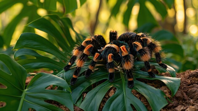 Large black and orange tarantula on monstera plant leaves