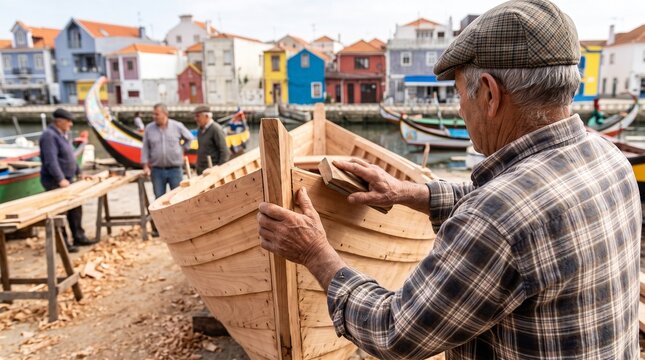 Constructor naval lijando el casco de una barca de madera tradicional
