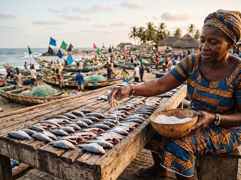 Familia secando y salando pescado en rejillas de madera junto al mar