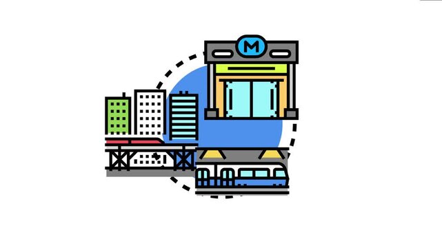 Urban transport infrastructure icon city transportation networks, including a subway station, train on platform, and elevated railway, linking different parts of the urban landscape