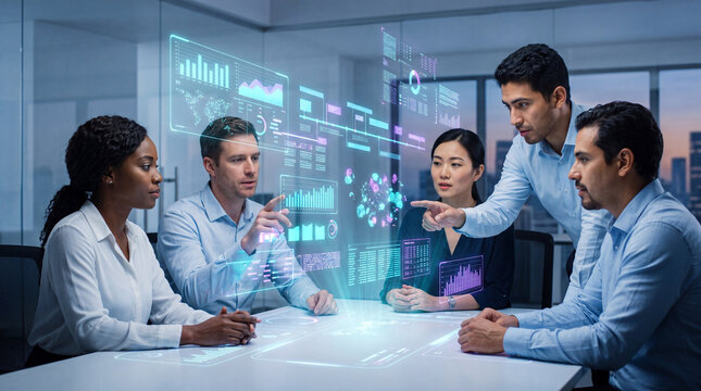 Team collaborating around big data strategy table