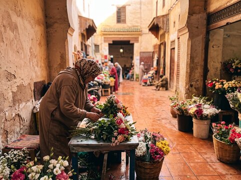 Florista organizando ramos de flores en el mercado matutino