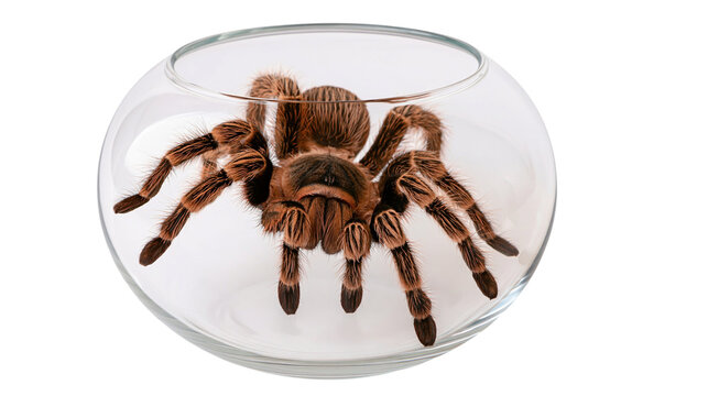 Large hairy brown tarantula spider with long legs in clear glass bowl isolated on transparent background png element