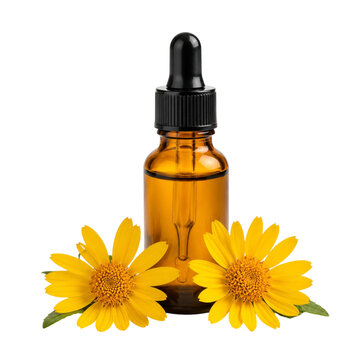 Brown glass essential oil dropper bottle with yellow arnica flowers isolated on transparent background PNG element