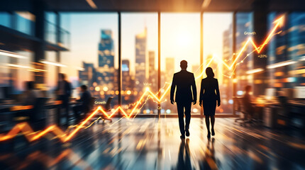 Fototapeta na wymiar Business people walking in modern office with glowing rising financial growth chart and city view