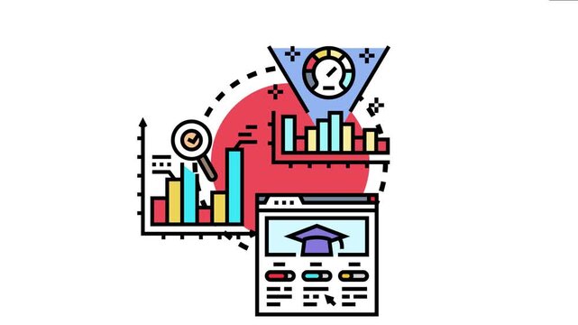 System visualizing metrics progress, tracking performance with bar charts, a speedometer, and an online learning platform interface for data analysis and goal achievement