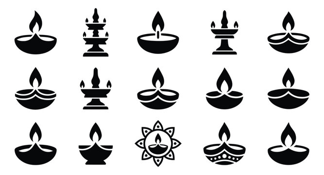 A collection of black silhouette icons featuring various traditional oil lamps used during the hindu festival of diwali