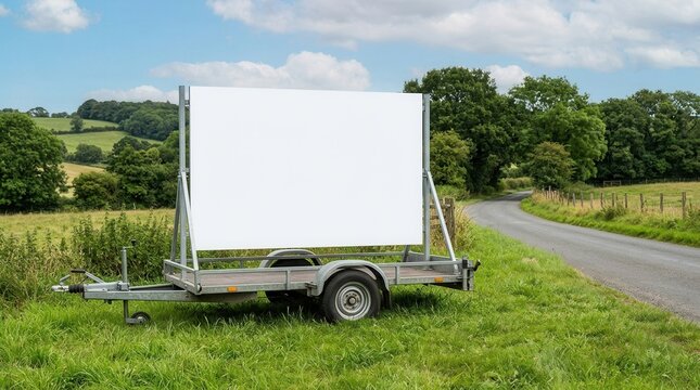 Blank White Screen On Trailer In Rural Landscape With Copy Space