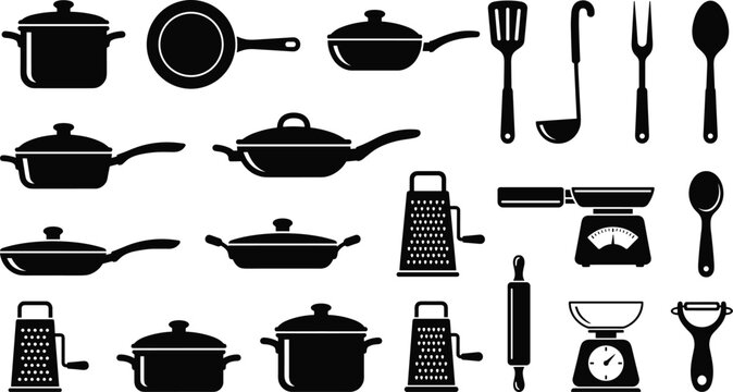  Kitchen cookware and culinary utensils black silhouette vector icons set featuring pots pans spatula ladle scales grater and rolling pin symbols.