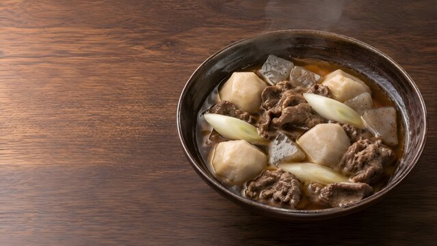 japanese imoni stew with beef taro konjac and green onion