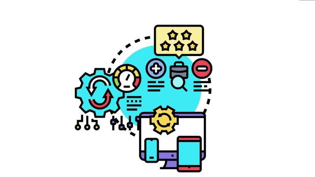 Business icons, including a rating system, project management tools, a gear symbol, and digital devices, together illustrate the process of analyzing and improving organizational effectiveness