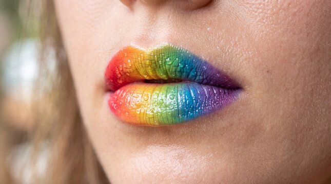 Close-Up of Rainbow Gradient Lips with Water Droplets