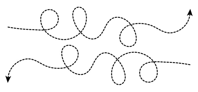 Long squiggle dashed and dotted line arrow vector icon set, hand-drawn loopy path elements for creative design projects isolated on a white background.