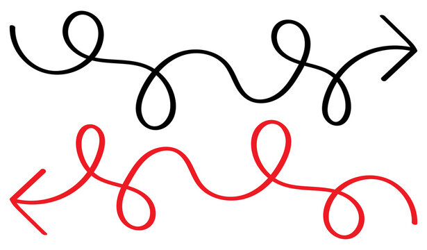 Set of hand-drawn squiggle loopy arrows, and messy wavy line vectors, isolated on a white background for creative design elements and motion path graphics.