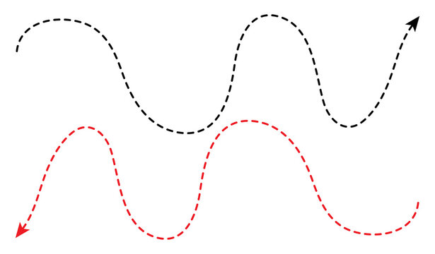 Lon, squiggle-dashed, and dotted line arrow vector icons featuring hand-drawn, loopy path elements, isolated on a clean, transparent background for design.