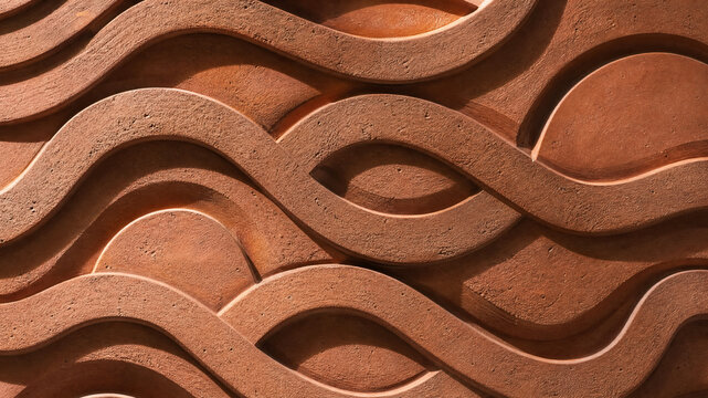 Terracotta wavy wall texture, 3D curved ceramic tile pattern, abstract clay wave background for interior design
