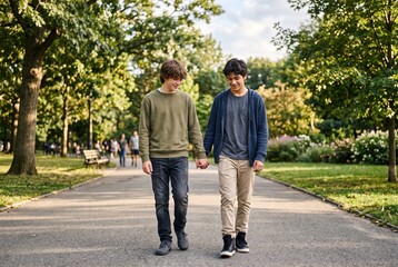 Fototapeta premium Two teenagers hold hands while walking along a path in the park. People are visible in the background enjoying the sunny day. It is summer break and they seem to be having fun