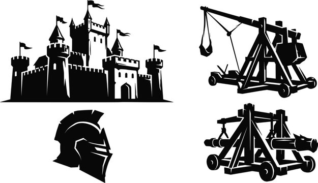 Medieval Castle Knight Helmet and Siege Engines Silhouette Vector Set