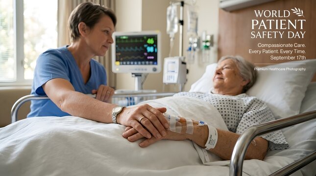 Nurse holding hand of elderly patient in hospital bed with hospital