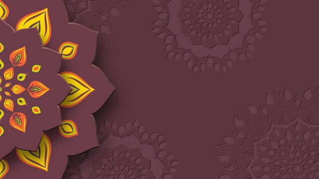 Rotating Indian Rangoli with copy space. Diwali festival of lights. Purple color background. 4K loop video animation.
