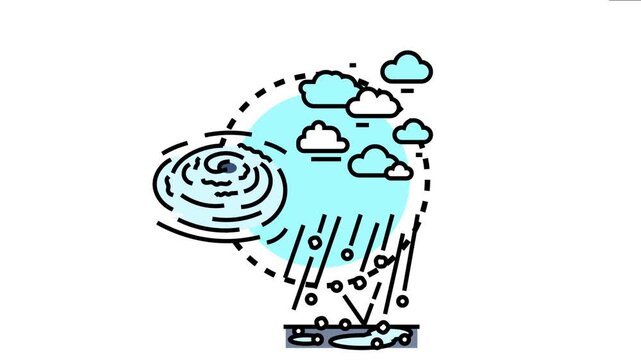 Icon various atmospheric conditions including cloud formations, precipitation like rain and snow, and a swirling cyclone or hurricane, symbolizing extreme weather events