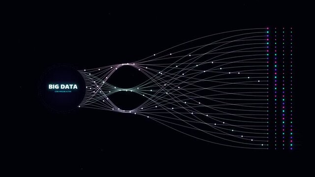 Big data visualization with glowing neural network lines. Digital information flow and complex data processing concept. Futuristic tech background for machine learning and analytics.
