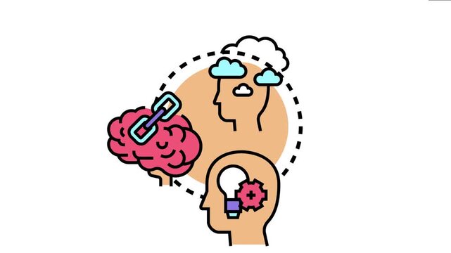 Metaphysical manifestation process showing human profiles with mind clouds, a brain linked with thought, and a head featuring a lightbulb and cogwheel, visualizing concept realization