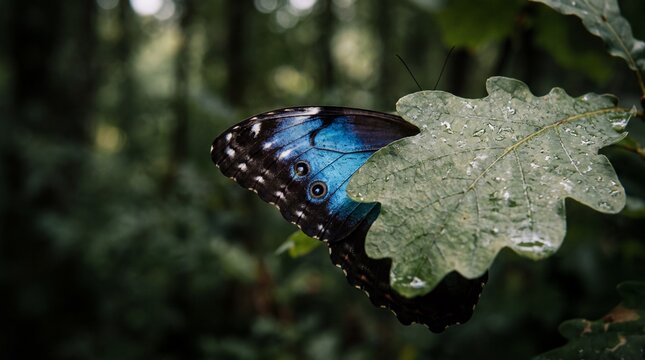 Vibrant blue morpho butterfly resting peacefully on a damp green oak leaf within dark forest
