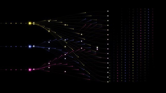 Neural network data visualization with glowing nodes. Artificial intelligence deep learning architecture on black background. Digital information flow and machine learning concept.