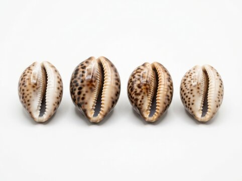 Four spotted cowrie seashells arranged in row on white surface showcasing unique leopard patterns.