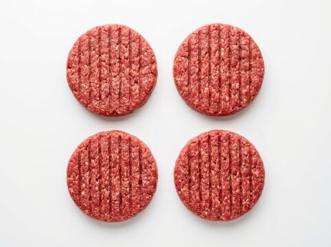 Four raw minced beef burger patties with grill marks arranged on clean white background
