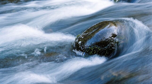 Smooth flowing river water rushes past a single wet dark stone in this peaceful nature scene