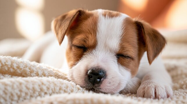 Newborn puppy sleeping on soft ivory blanket in sunlit minimalist nursery corner