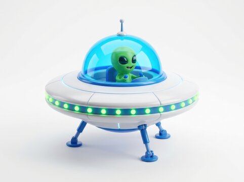 Green alien character sitting inside small flying saucer ufo vessel with blue glass dome cockpit area