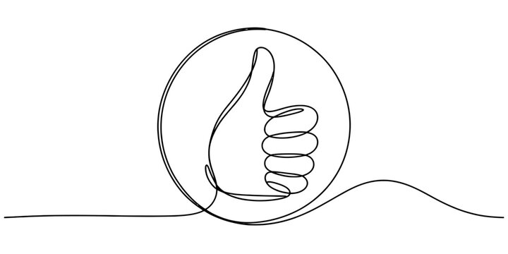 Thumbs up gesture, continuous line drawing inside circle for approval, positivity, and agreement symbols.