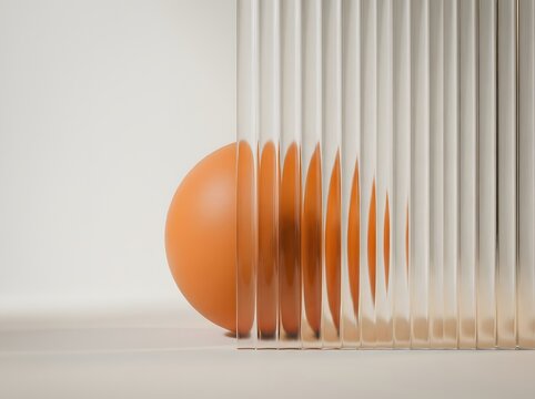 Abstract composition with a smooth orange sphere positioned behind a vertical fluted glass panel, creating a distorted visual effect against a soft neutral background