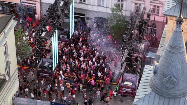 Drone view of Freedom Parade (Parada Wolnosci) crowd in Lodz, Poland