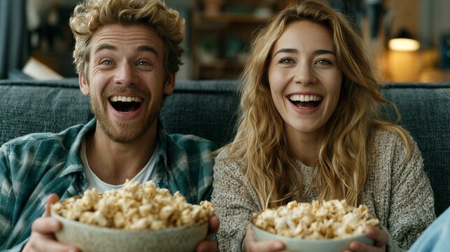Young couple eating popcorn while watching a movie at home
