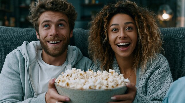 Young couple eating popcorn while watching a movie at home
