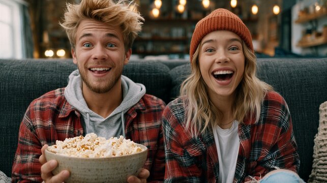 Young couple eating popcorn while watching a movie at home