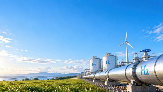 Green Hydrogen Pipeline and Storage Tanks with Wind Turbine and Copy Space