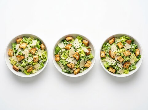 Three white bowls filled with classic caesar salad topped with crunchy croutons and parmesan cheese