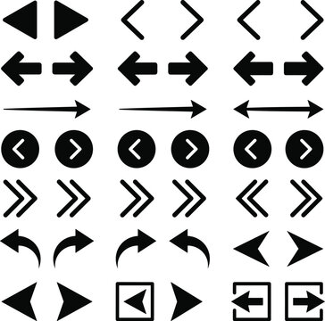 Navigation arrow icon set featuring flat vector symbols of forward backward chevron pointers redo undo curves and website next page indicators